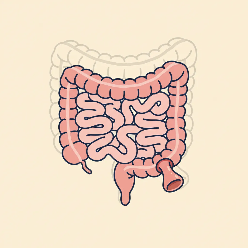 Editorial anatomical illustration of the small intestine in the abdomen, with the terminal ileum brought through the lower-right abdominal wall as an ileostomy stoma.