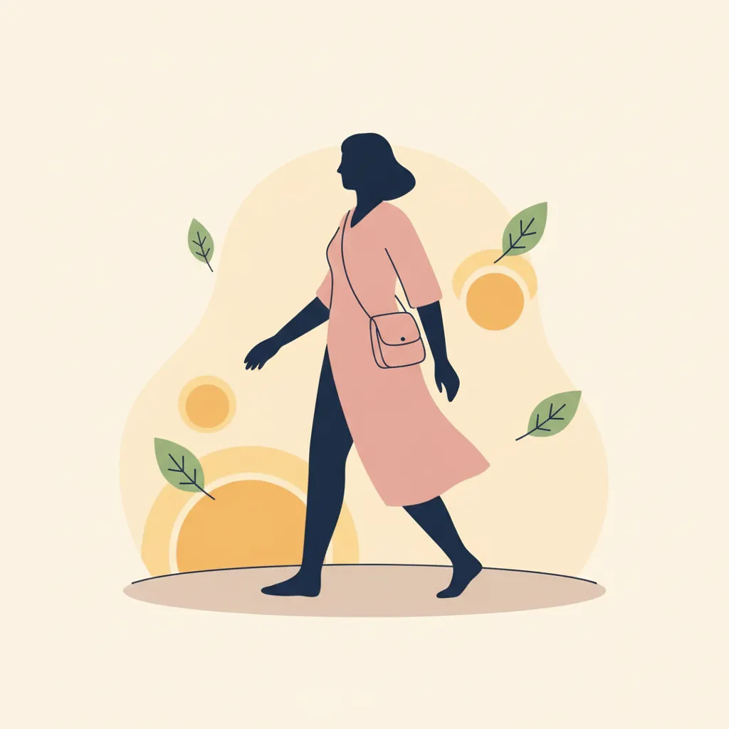 Editorial illustration of a person walking confidently outdoors, representing normal active daily life with an ostomy.