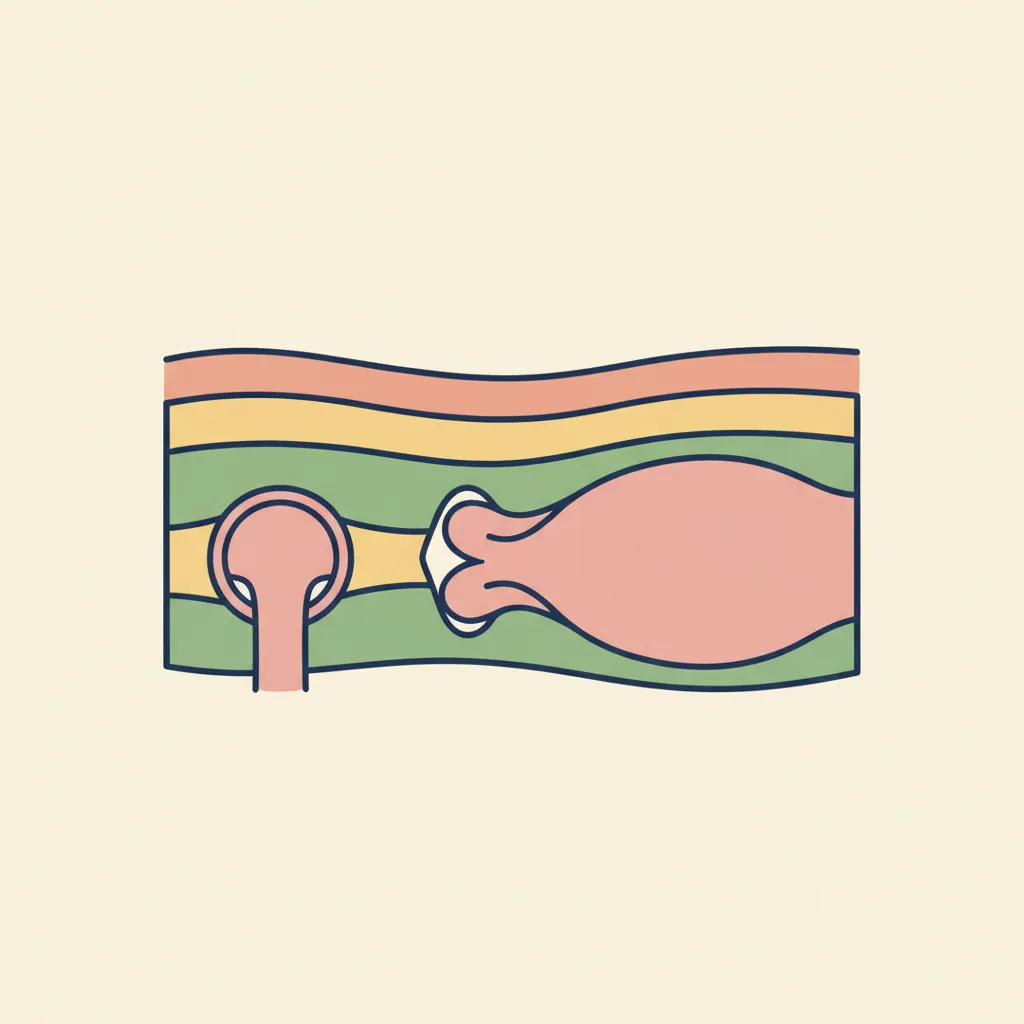 Editorial cross-section diagram of a parastomal hernia: a loop of bowel bulging through a weakness in the abdominal muscle beside the stoma.