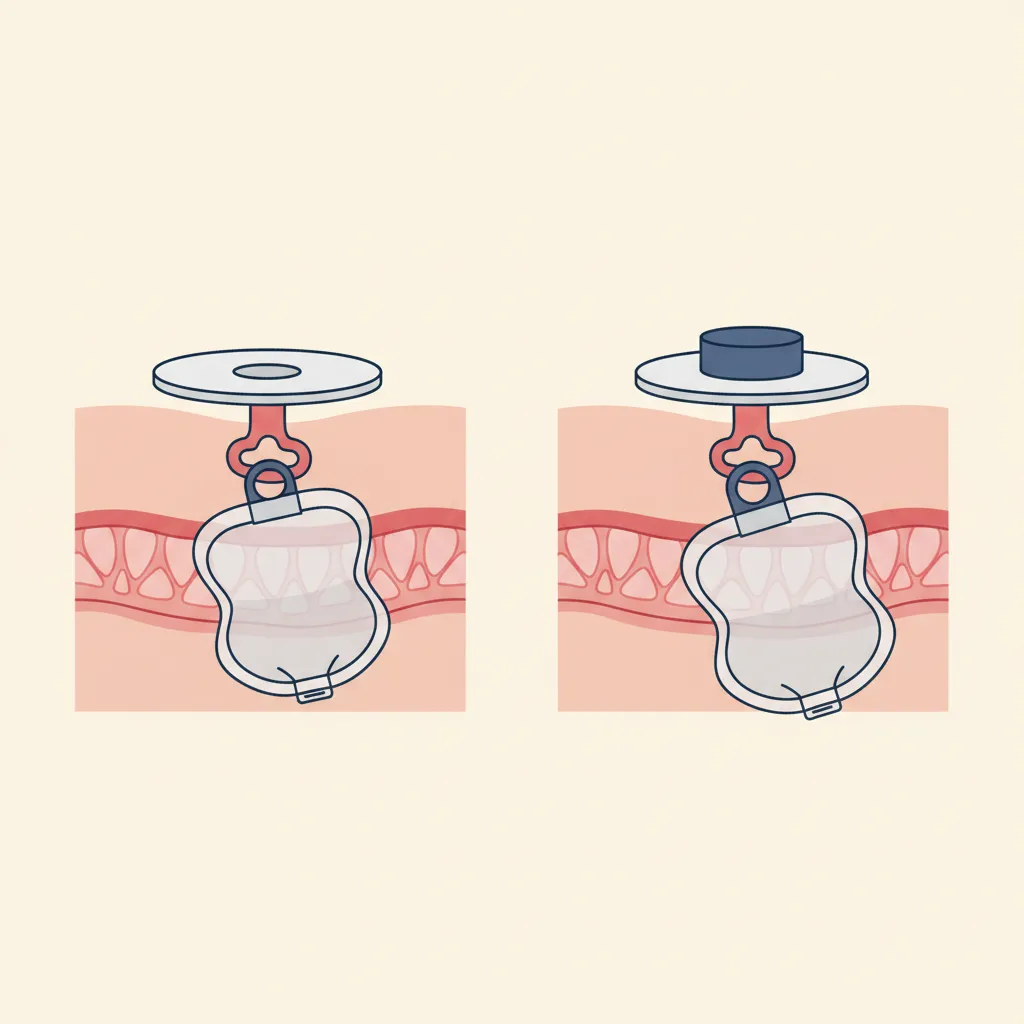 Side-by-side editorial cross-section illustration comparing a one-piece ostomy pouching system with a two-piece system, both adhered to the abdominal wall around a stoma.