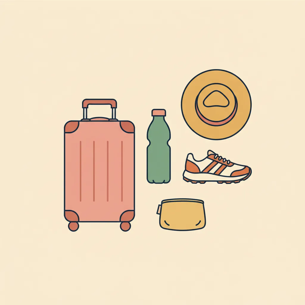 Editorial flat-lay illustration of travel and active-lifestyle items: a suitcase, water bottle, sun hat, running shoe and a small supply pouch.